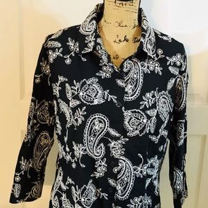 Beautiful Embroidered Button Front Black Blouse M